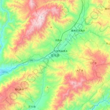 Carte topographique Lianghe, altitude, relief
