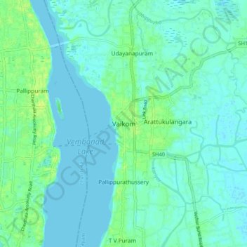 Carte topographique Vaikom, altitude, relief