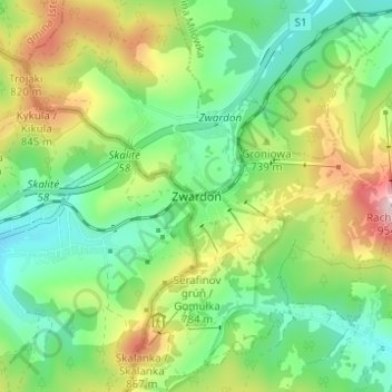 Carte topographique Zwardoń, altitude, relief