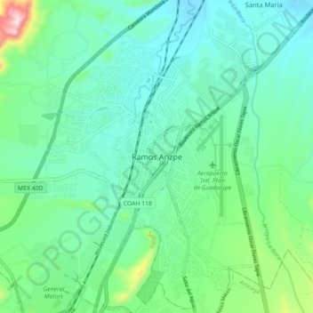 Carte topographique Ramos Arizpe, altitude, relief