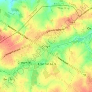 Carte topographique Oreye, altitude, relief