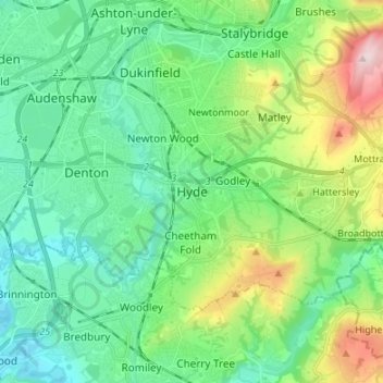 Carte topographique Hyde, altitude, relief