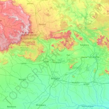 Carte topographique Bilāspur, altitude, relief