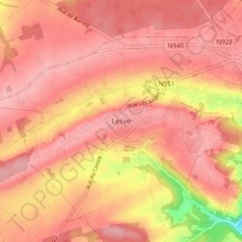 Carte topographique Lesve, altitude, relief