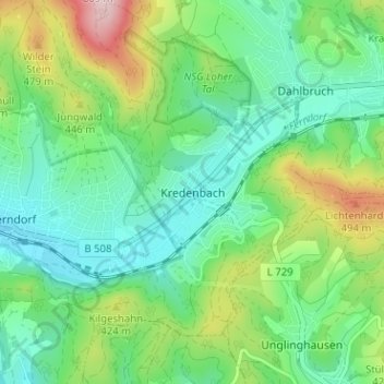 Carte topographique Kredenbach, altitude, relief