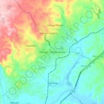 Carte topographique Stanger / KwaDukuza, altitude, relief
