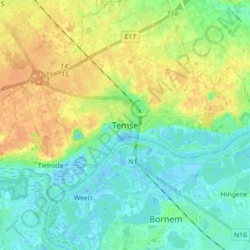 Carte topographique Temse, altitude, relief