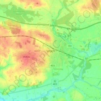 Carte topographique Vejen, altitude, relief
