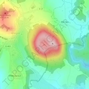 Carte topographique Mont Bar, altitude, relief