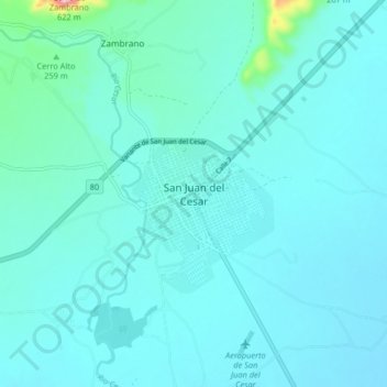Carte topographique San Juan del Cesar, altitude, relief