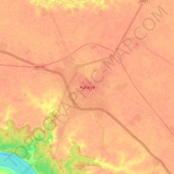 Carte topographique Auraiya, altitude, relief