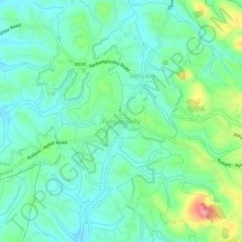 Carte topographique Pooyappally, altitude, relief