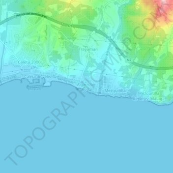 Carte topographique Algarrobo-Costa, altitude, relief