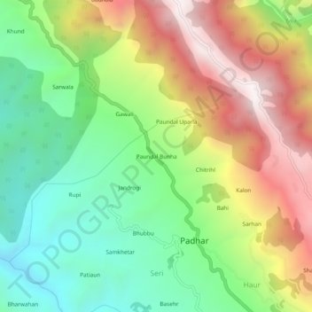 Carte topographique Paundal Bunha, altitude, relief
