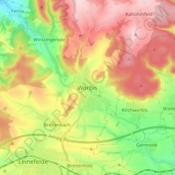 Carte topographique Worbis, altitude, relief