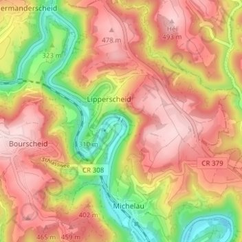 Carte topographique Moulin de Bourscheid, altitude, relief