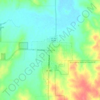 Carte topographique Cheyenne, altitude, relief