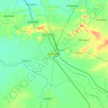 Carte topographique Sanawad, altitude, relief