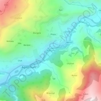 Carte topographique Baniyari, altitude, relief