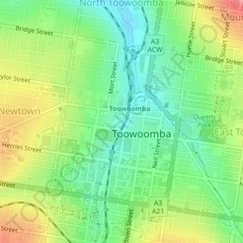 Carte topographique Toowoomba City, altitude, relief