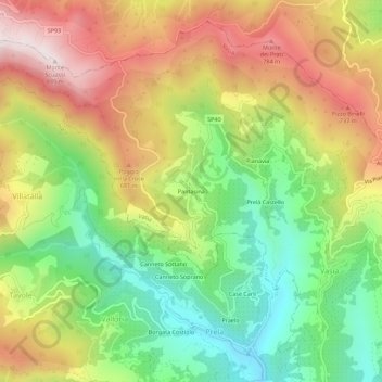 Carte topographique Pantasina, altitude, relief