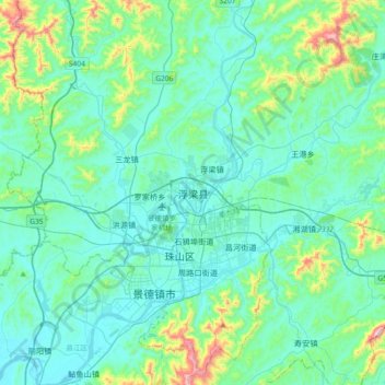 Carte topographique 浮梁县, altitude, relief