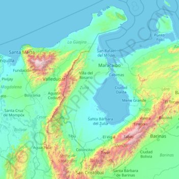 Carte topographique Zulia, altitude, relief