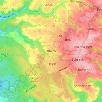 Carte topographique Albach, altitude, relief