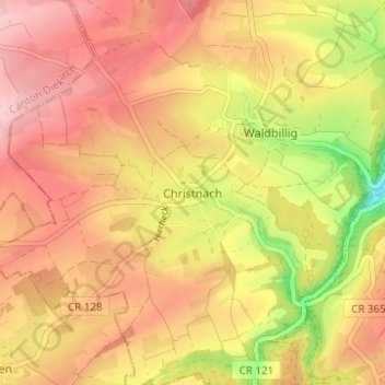 Carte topographique Christnach, altitude, relief