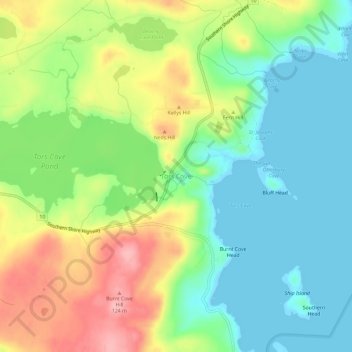 Carte topographique Tors Cove, altitude, relief