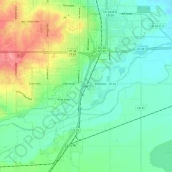 Carte topographique Evans, altitude, relief