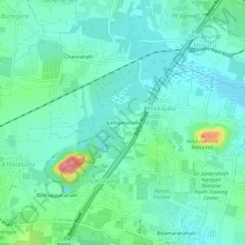 Carte topographique Kadiganahalli, altitude, relief