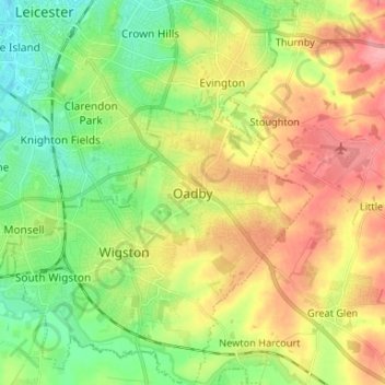 Carte topographique Oadby, altitude, relief