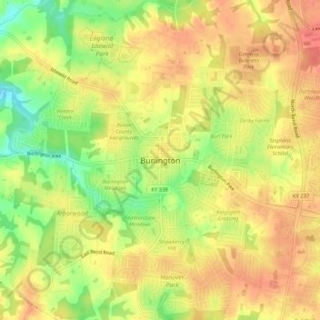 Carte topographique Burlington, altitude, relief