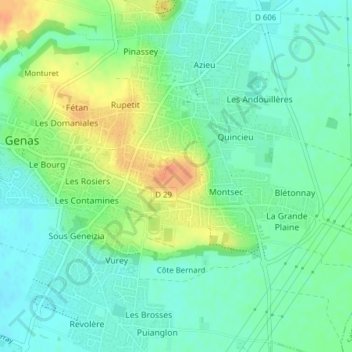 Carte topographique Fort de Genas, altitude, relief