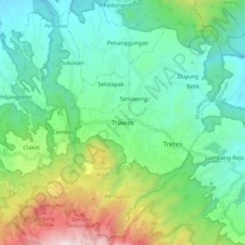 Carte topographique Trawas, altitude, relief
