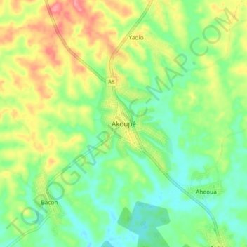 Carte topographique Akoupé, altitude, relief