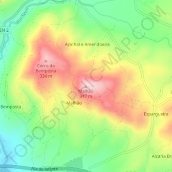 Carte topographique Malhão, altitude, relief