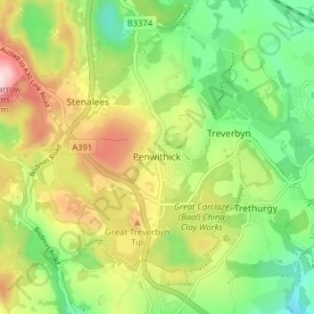Carte topographique Penwithick, altitude, relief