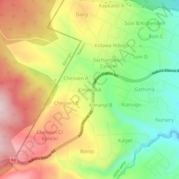 Carte topographique Kimanyi A, altitude, relief