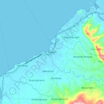 Carte topographique Anyer, altitude, relief