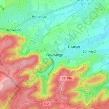 Carte topographique Hovelange, altitude, relief