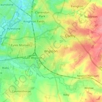 Carte topographique Wigston, altitude, relief