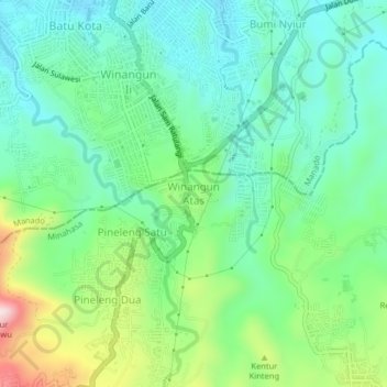 Carte topographique Winangun Atas, altitude, relief