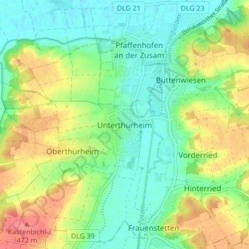 Carte topographique Unterthürheim, altitude, relief