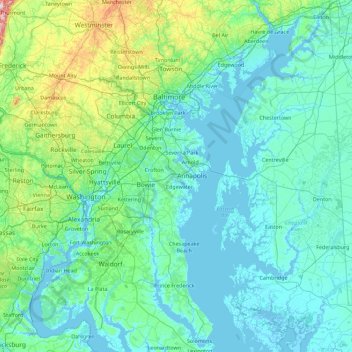Carte topographique Anne Arundel, altitude, relief