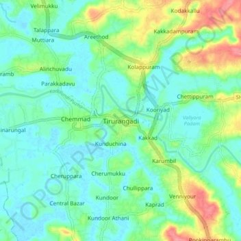 Carte topographique Tirurangadi, altitude, relief