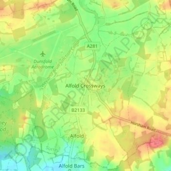 Carte topographique Alfold Crossways, altitude, relief