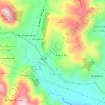 Carte topographique Pisicaz Bajo, altitude, relief