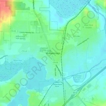 Carte topographique Mukwonago, altitude, relief